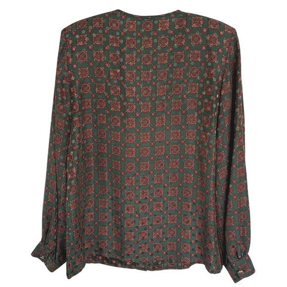 Vintage Silk Old Money Hunter Green Maroon Country Club Blouse Size 10 - Picture 3 of 8